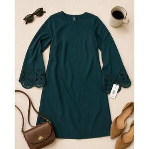 Clover and Sloane Teal Eden Green Bell Sleeve Lace Cuff Shift Dress Small NWT